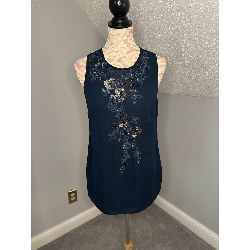 EUC White House Black Market Top Embroidered Sequin Sleeveless Dark Teal Sz 8